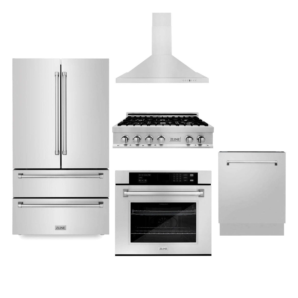 ZLINE Kitchen Package with Refrigeration, 36 in. Stainless Steel Rangetop, 30 in. Range Hood, 30 in. Single Wall Oven and 24 in. Tall Tub Dishwasher (5KPR-RTRH30-AWSDWV)