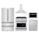 ZLINE Kitchen Package with Stainless Steel 36 in. French Door Refrigerator, 30 in. Gas Range, 30 in. Range Hood, 24 in. Microwave Drawer, and 24 in. Tall Tub Dishwasher (5KPR-SGRRH30-MWDWV)