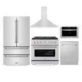 ZLINE Kitchen Package with 36 in. French Door Refrigerator, 36 in. Stainless Steel Gas Range, 36 in. Range Hood, 24 in. Microwave Drawer, and 24 in. Tall Tub Dishwasher (5KPR-SGRRH36-MWDWV)