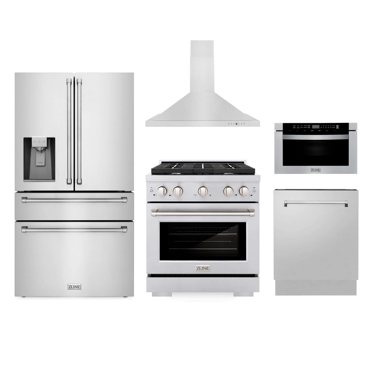 ZLINE Kitchen Package with Water and Ice Dispenser Refrigerator, 30 in. Gas Range, 30 in. Range Hood, Microwave Drawer, and 24 in. Tall Tub Dishwasher (5KPRW-SGRRH30-MWDWV)