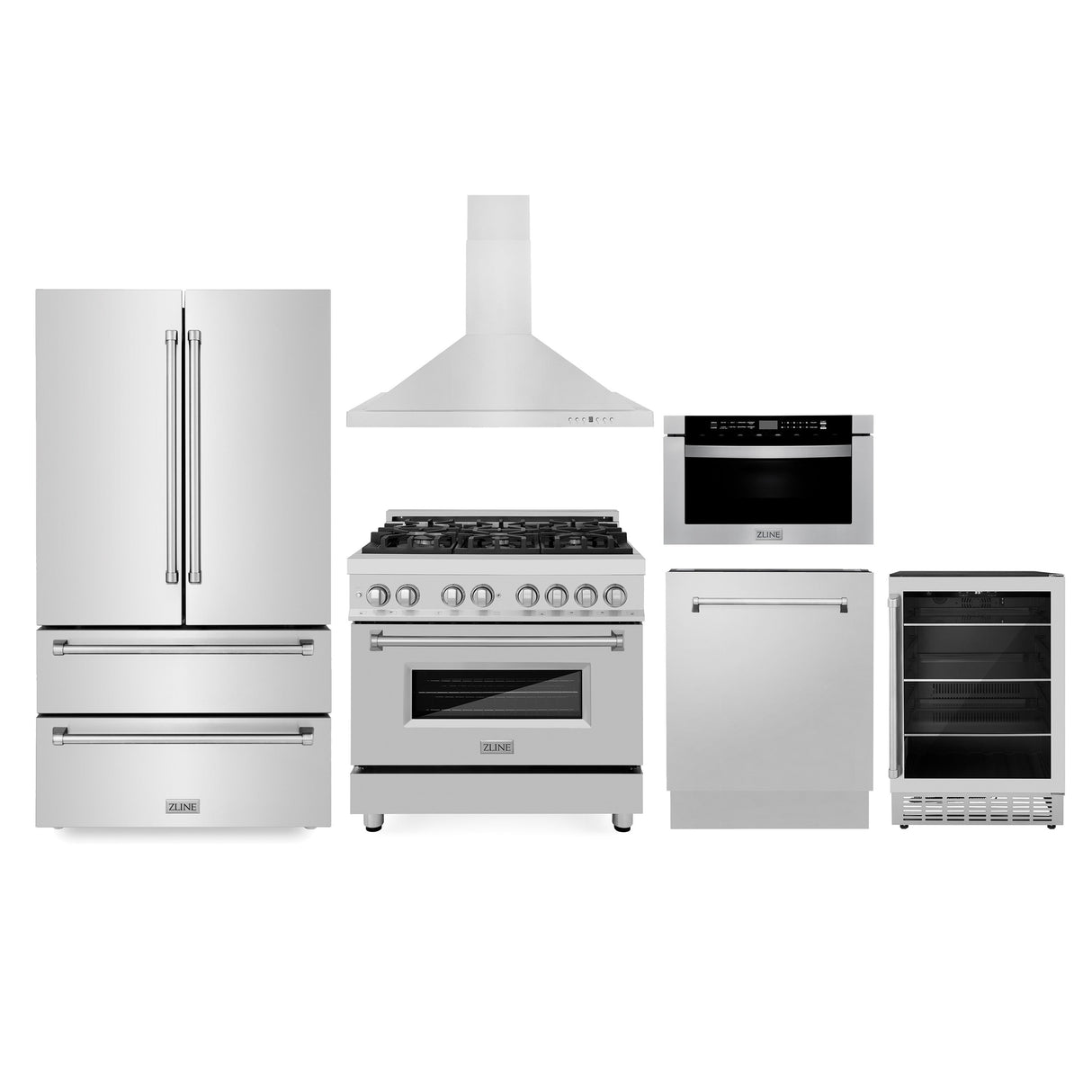 ZLINE Kitchen Package with Refrigeration, 36 in. Stainless Steel Dual Fuel Range, 36 in. Range Hood, Microwave Drawer, 24 in. Tall Tub Dishwasher and Beverage Fridge (6KPR-RARH36-MWDWV-RBV)