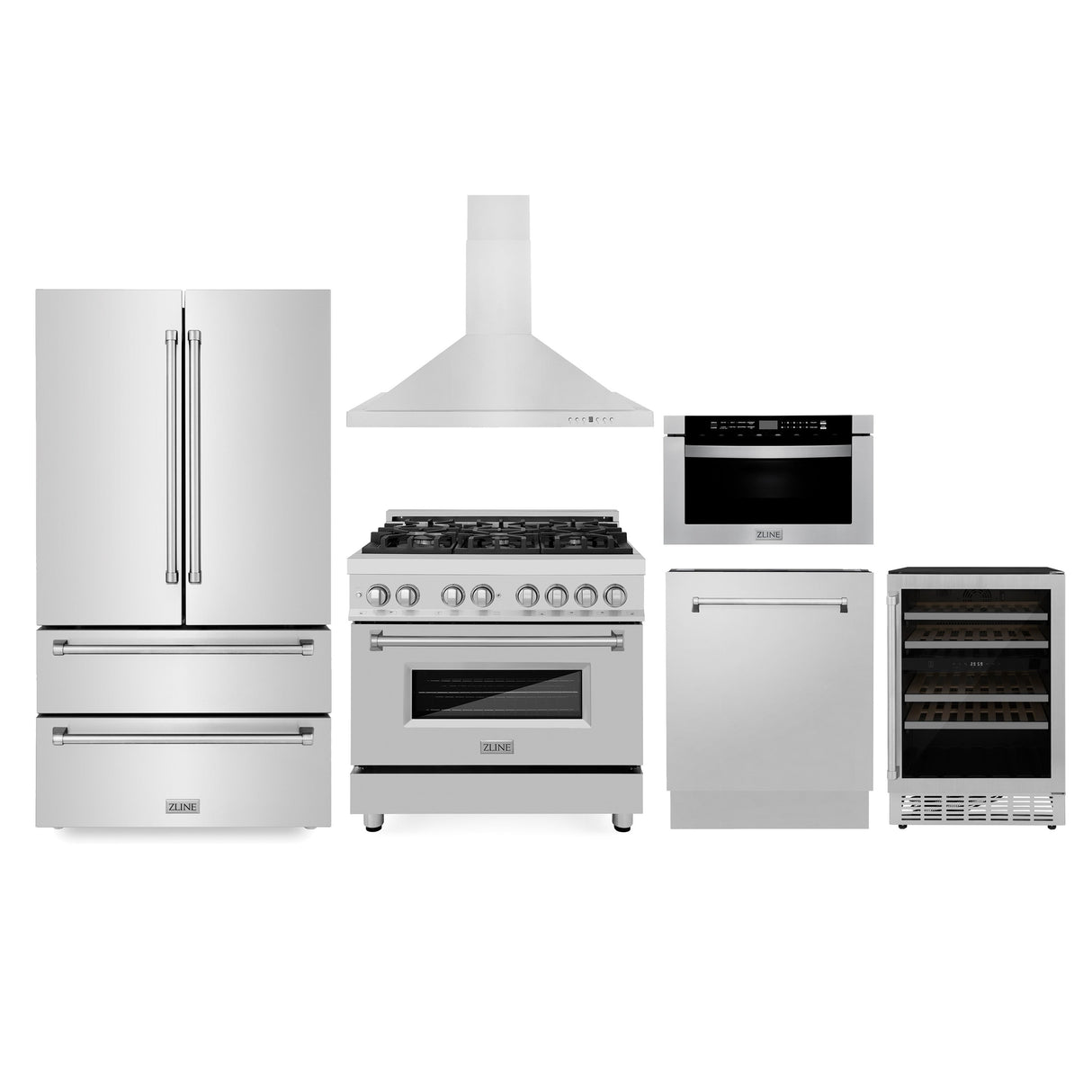 ZLINE Kitchen Package with Refrigeration, 36 in. Stainless Steel Dual Fuel Range, 36 in. Range Hood, Microwave Drawer, 24 in. Tall Tub Dishwasher and Wine Cooler (6KPR-RARH36-MWDWV-RWV)