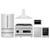 ZLINE Kitchen Package with Refrigeration, 48 in. Stainless Steel Dual Fuel Range, 36 in. Range Hood, Microwave Drawer, 24 in. Tall Tub Dishwasher and Beverage Fridge (6KPR-RARH48-MWDWV-RBV)