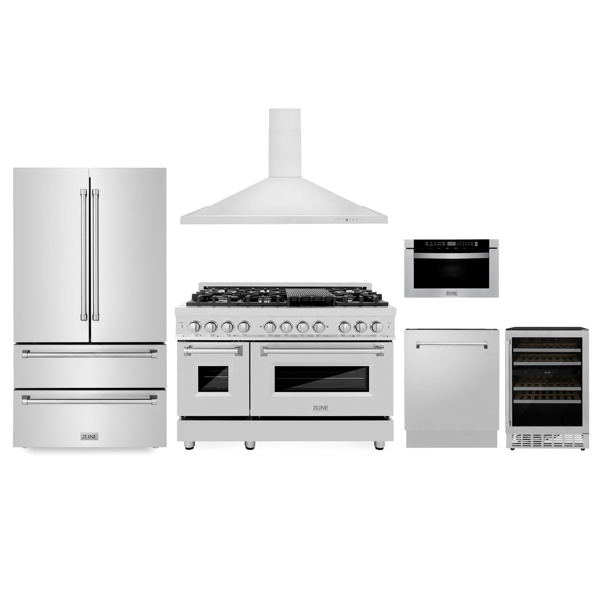 ZLINE Kitchen Package with Refrigeration, 48 in. Stainless Steel Dual Fuel Range, 48 in. Range Hood, Microwave Drawer, 24 in. Tall Tub Dishwasher and Wine Cooler (6KPR-RARH48-MWDWV-RWV)