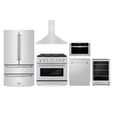 ZLINE Kitchen Package with Refrigeration, 36 in. Stainless Steel Gas Range, 36 in. Range Hood, Microwave Drawer, 24 in. Tall Tub Dishwasher and Beverage Fridge (6KPR-SGRRH36-MWDWV-RBV)