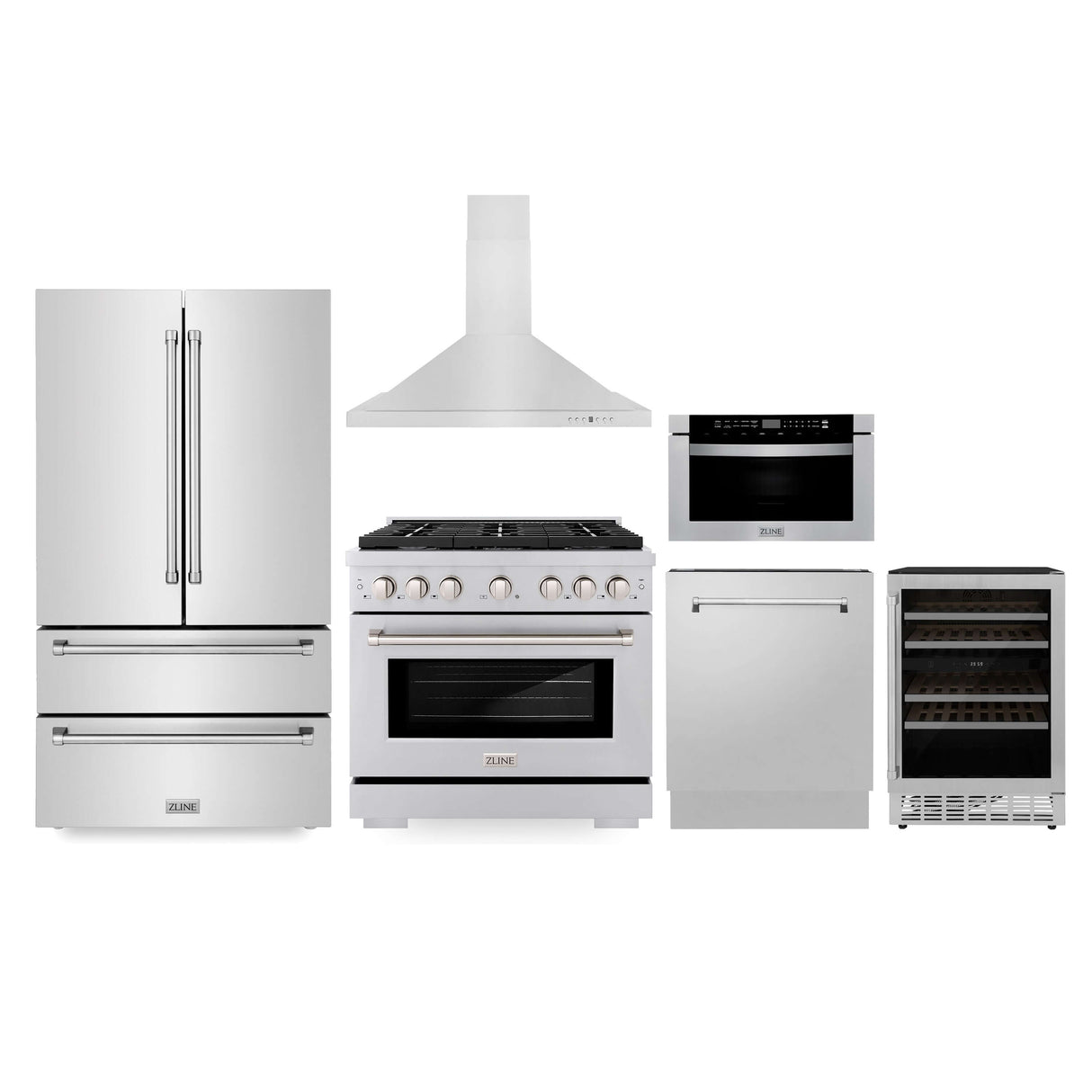 ZLINE Kitchen Package with Refrigeration, 36 in. Stainless Steel Gas Range, 36 in. Range Hood, Microwave Drawer, 24 in. Tall Tub Dishwasher and Wine Cooler (6KPR-SGRRH36-MWDWV-RWV)