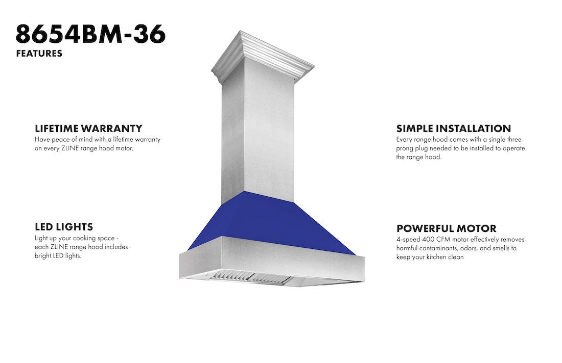 ZLINE Ducted Fingerprint Resistant Stainless Steel Range Hood with Blue Matte Shell (8654BM)