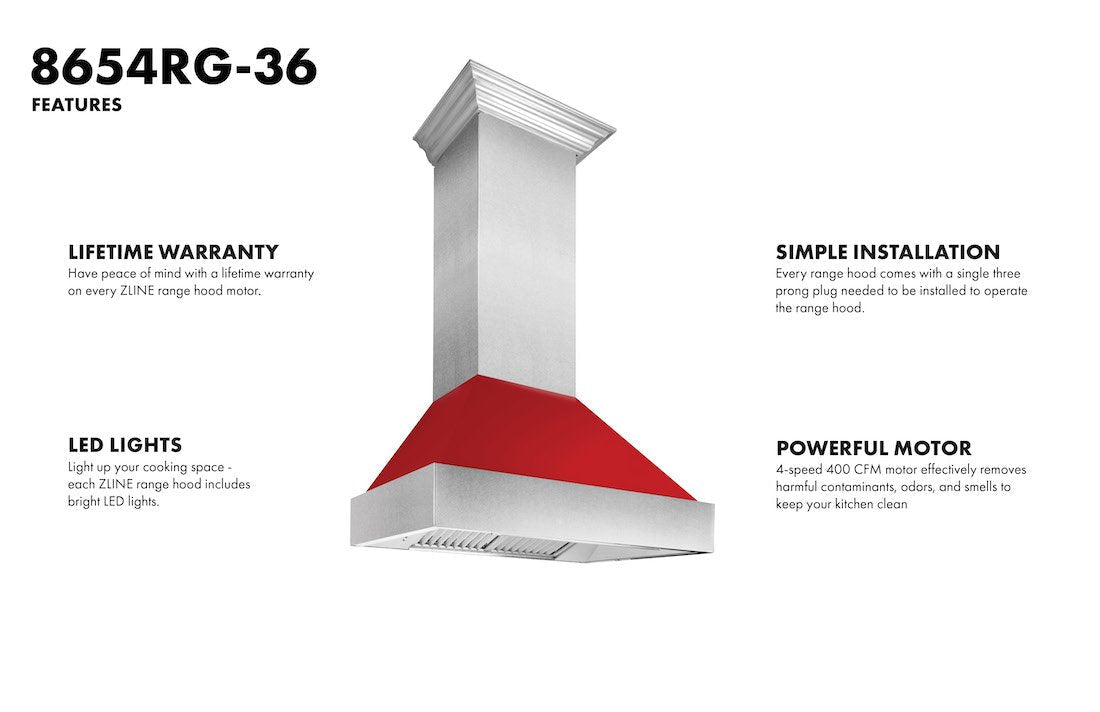 ZLINE Ducted Fingerprint Resistant Stainless Steel Range Hood with Red Gloss Shell (8654RG)