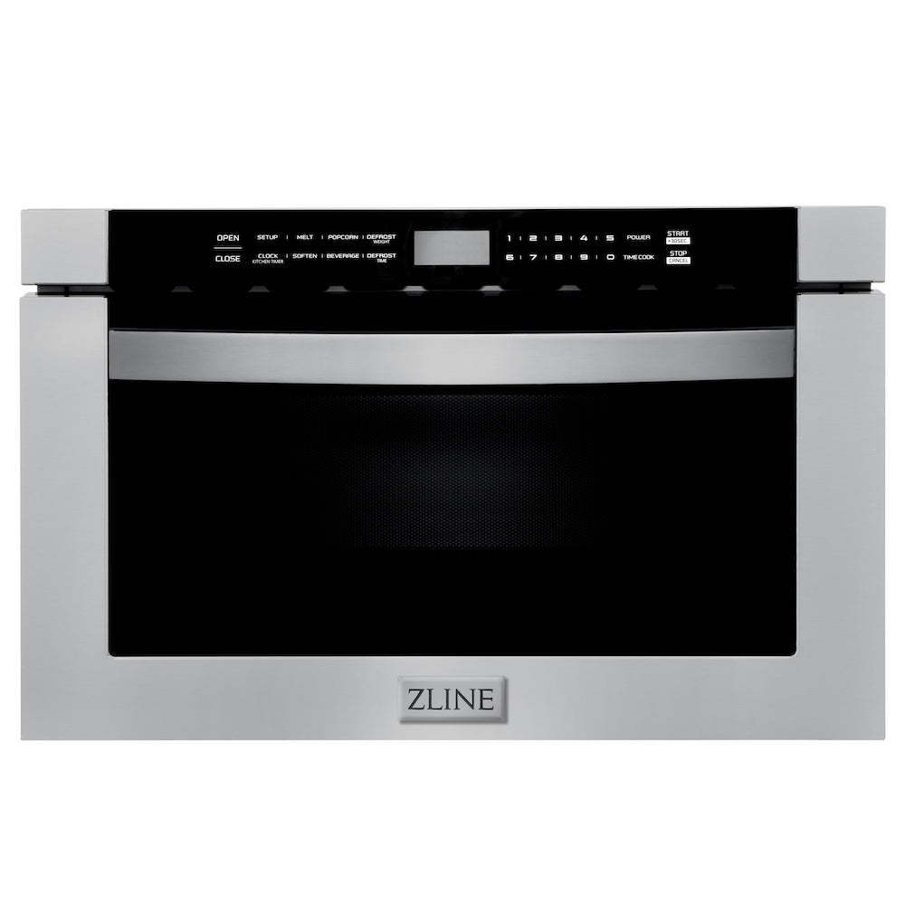 ZLINE Kitchen Package with Refrigeration, 36 in. Stainless Steel Gas Range, 36 in. Range Hood, Microwave Drawer, 24 in. Tall Tub Dishwasher and Wine Cooler (6KPR-SGRRH36-MWDWV-RWV)