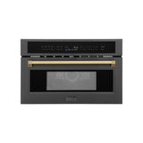 ZLINE Autograph Edition 30 in. 1.6 cu ft. Built-in Convection Microwave Oven in Black Stainless Steel with Gold Accents (MWOZ-30-BS-G) Front View Door Closed