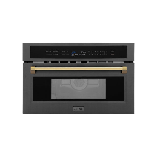 ZLINE Autograph Edition 30 in. 1.6 cu ft. Built-in Convection Microwave Oven in Black Stainless Steel with Gold Accents (MWOZ-30-BS-G) Front View Door Closed