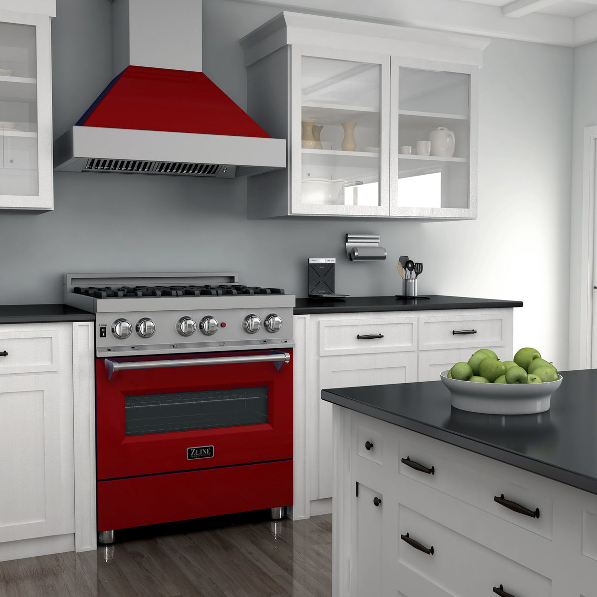 ZLINE 30 in. 4.0 cu. ft. Dual Fuel Range with Gas Stove and Electric Oven in All Fingerprint Resistant Stainless Steel with Red Gloss Door (RAS-RG-30)