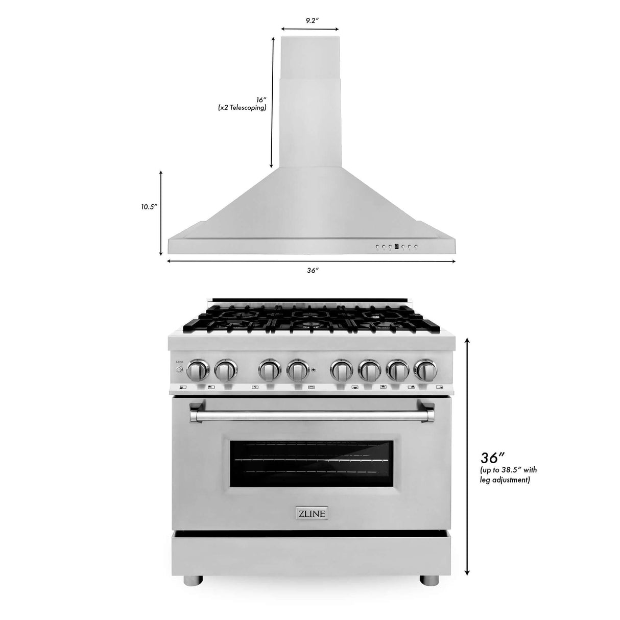 ZLINE 36 in. Kitchen Package with Stainless Steel Dual Fuel Range and Convertible Vent Range Hood (2KP-RARH36)