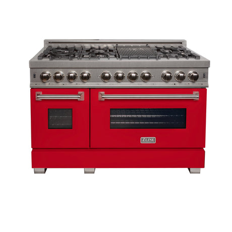 ZLINE 48 in. Kitchen Package with DuraSnow Stainless Steel Dual Fuel Range with Red Matte Door and Convertible Vent Range Hood (2KP-RASRMRH48)