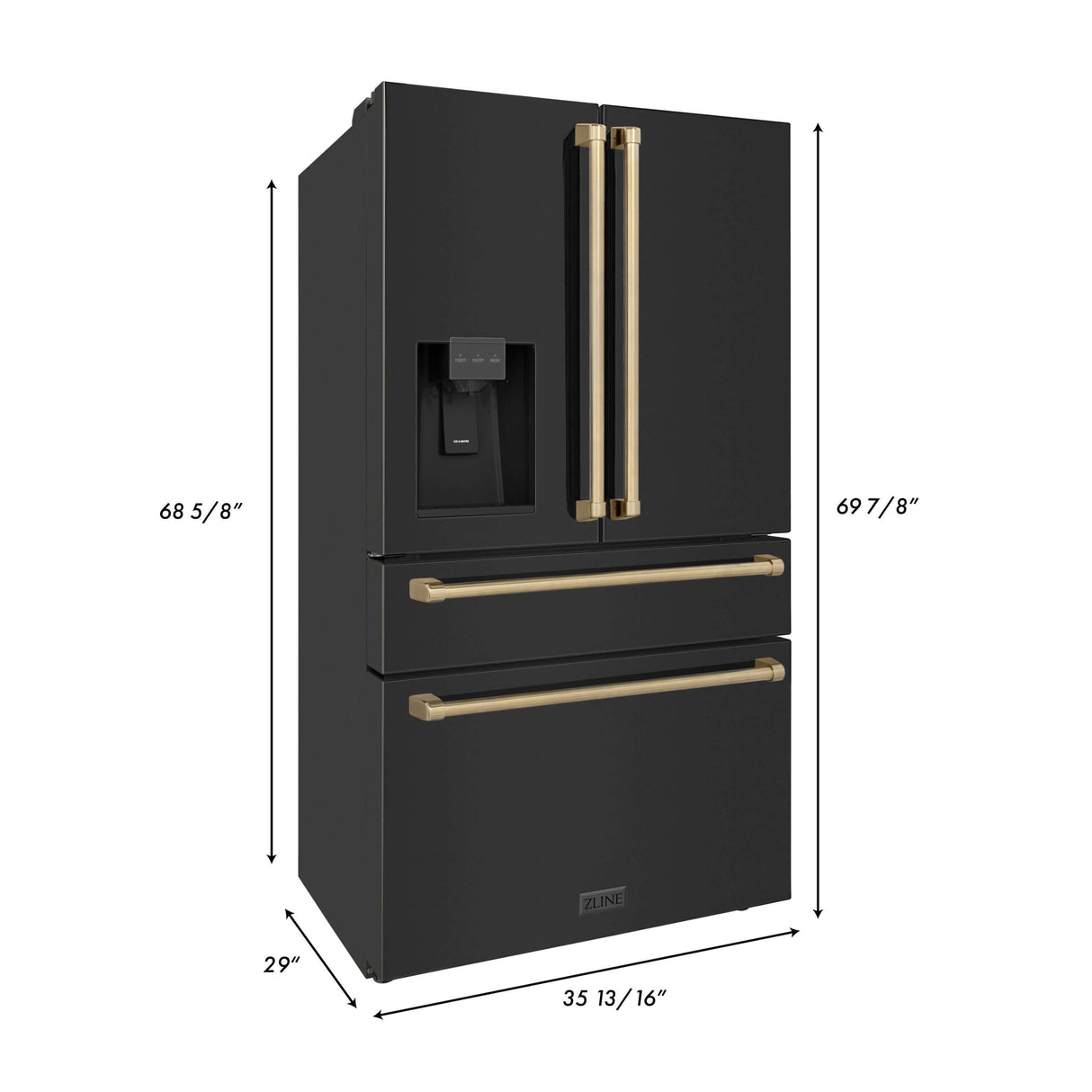 ZLINE 36 in. Autograph Edition Kitchen Package with Black Stainless Steel Dual Fuel Range, Range Hood, Dishwasher, and French Door Refrigerator with External Water Dispenser with Champagne Bronze Accents (4AKPR-RABRHDWV36-CB)