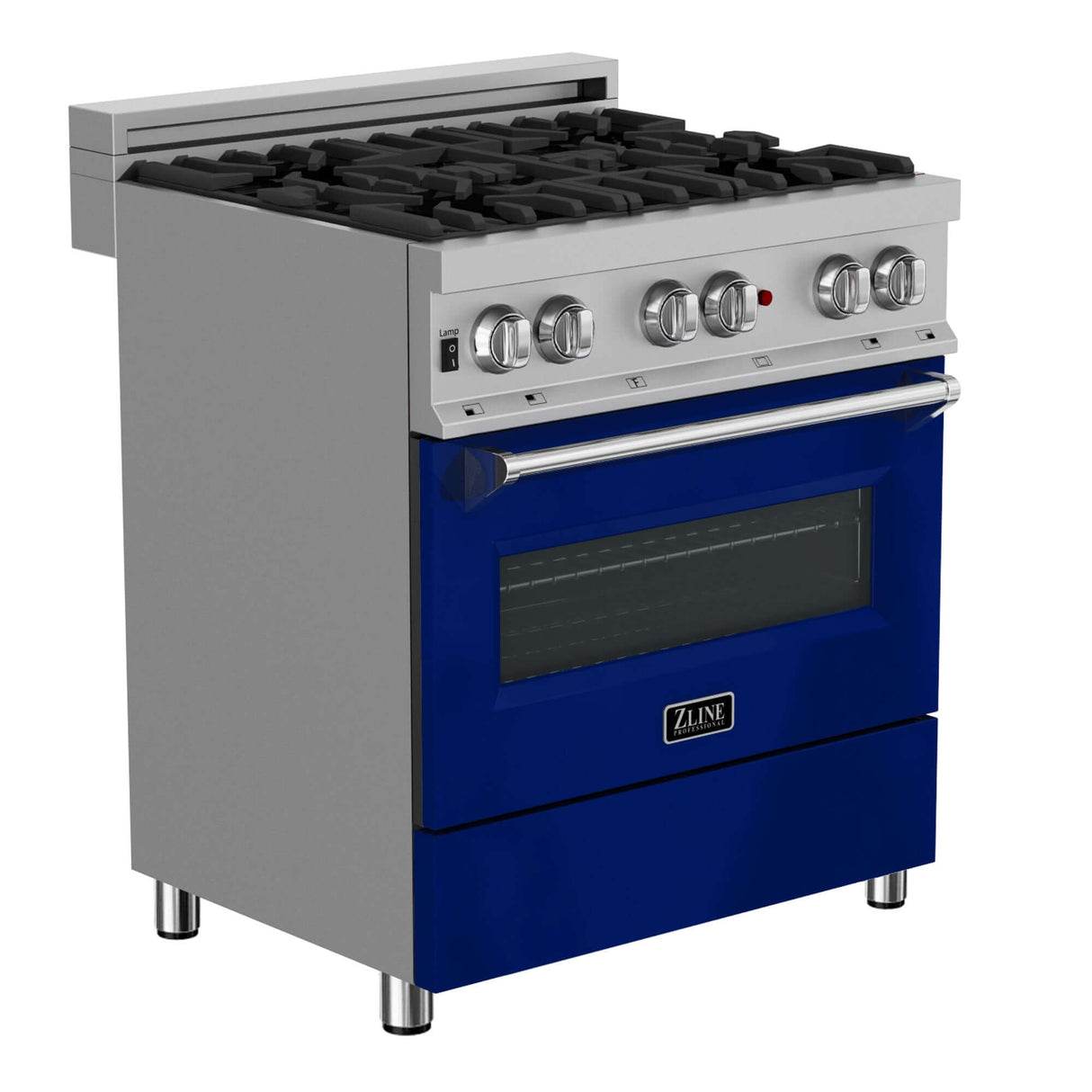 ZLINE 30 in. Kitchen Package with DuraSnow Stainless Steel Dual Fuel Range with Blue Gloss Door and Convertible Vent Range Hood (2KP-RASBGRH30)