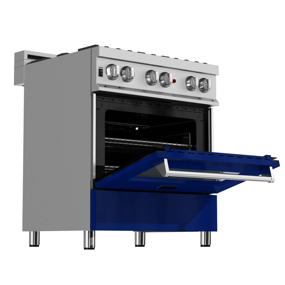 ZLINE 30 in. Kitchen Package with DuraSnow Stainless Steel Dual Fuel Range with Blue Gloss Door and Convertible Vent Range Hood (2KP-RASBGRH30)