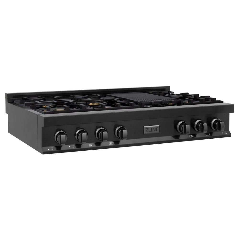 ZLINE 48 in. Porcelain Gas Stovetop in Black Stainless Steel with Brass Burners and Griddle (RTB-48)