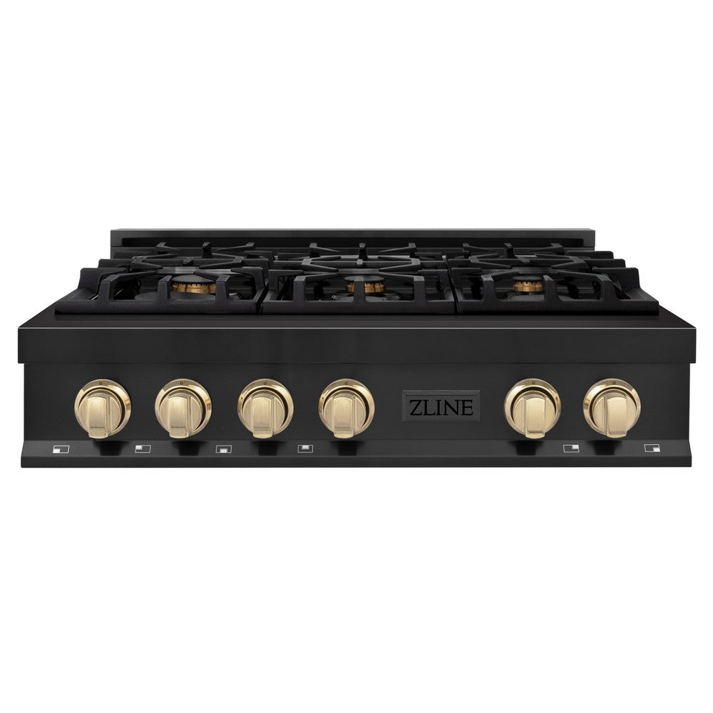 ZLINE Autograph Edition 36 in. Porcelain Rangetop with 6 Gas Burners in Black Stainless Steel and Polished Gold Accents (RTBZ-36-G)