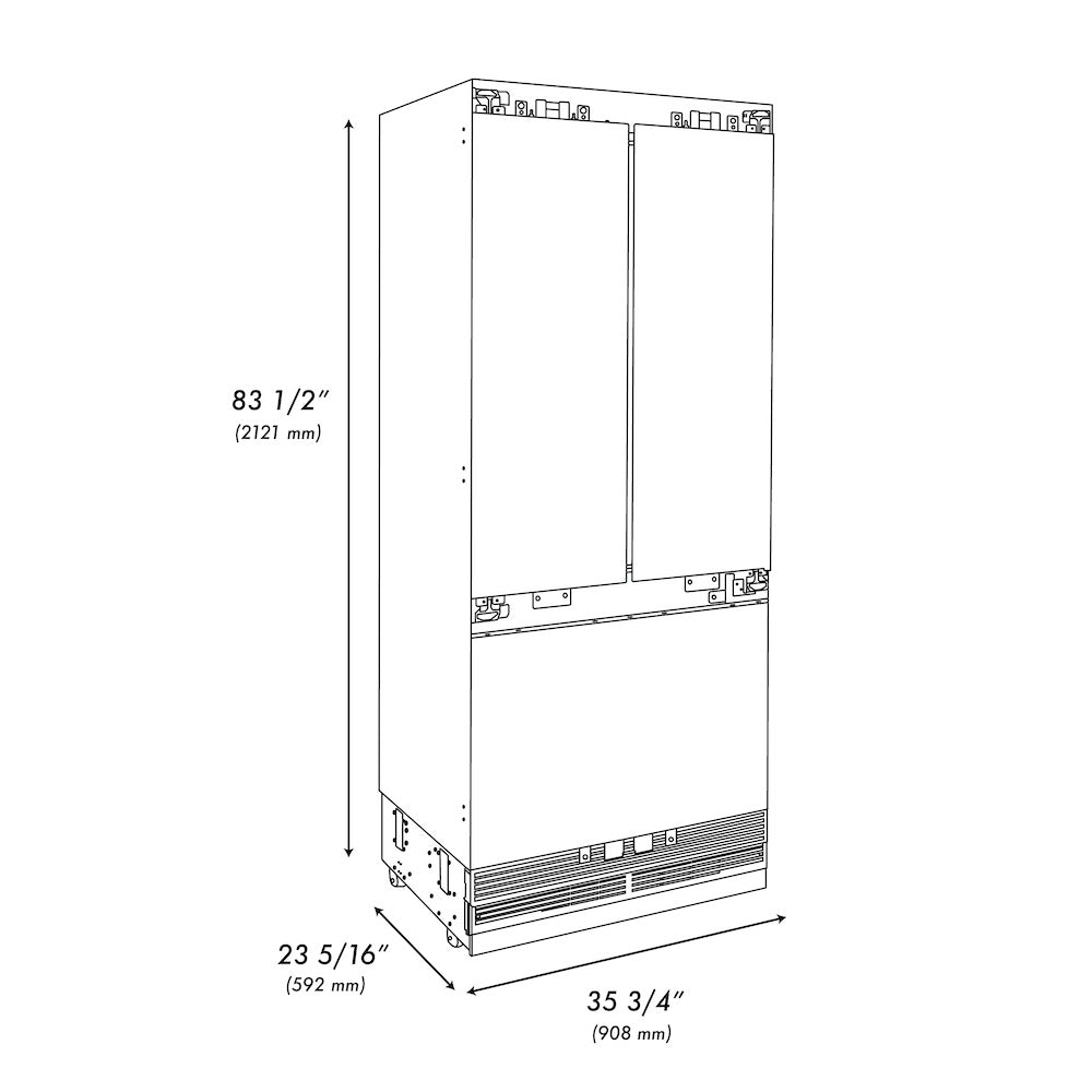 ZLINE Autograph Edition 36 in. 19.6 cu. ft. Panel Ready Built-in 3-Door French Door Refrigerator with Internal Water and Ice Dispenser with Champagne Bronze Handles (RBIVZ-36-CB)