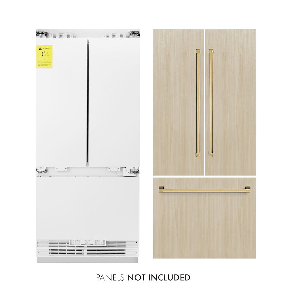 ZLINE Autograph Edition 36 in. 19.6 cu. ft. Panel Ready Built-in 3-Door French Door Refrigerator with Internal Water and Ice Dispenser with Polished Gold Handles (RBIVZ-36-G)