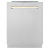 ZLINE Autograph Edition 24 in. 3rd Rack Top Touch Control Tall Tub Dishwasher in Stainless Steel with Polished Gold Handle, 45dBa (DWMTZ-304-24-G)