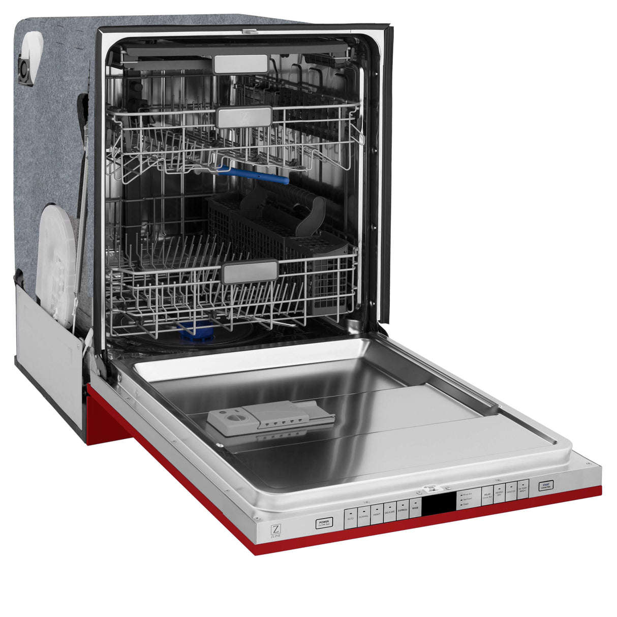 ZLINE 24 in. Monument Series 3rd Rack Top Touch Control Dishwasher with Red Gloss Panel, 45dBa (DWMT-RG-24)