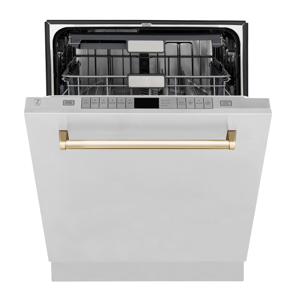 ZLINE Autograph Edition 24 in. 3rd Rack Top Touch Control Tall Tub Dishwasher in Stainless Steel with Polished Gold Handle, 45dBa (DWMTZ-304-24-G)