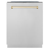 ZLINE Autograph Edition 48 in. Kitchen Package with Stainless Steel Dual Fuel Range, Range Hood, Dishwasher, and French Door Refrigerator with External Water Dispenser with Polished Gold Accents (4AKPR-RARHDWM48-G)