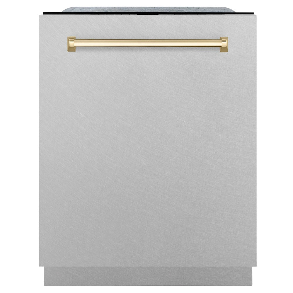 ZLINE Autograph Edition 24" 3rd Rack Top Control Tall Tub Dishwasher in Fingerprint Resistant Stainless Steel with Gold Accents, 45dBa (DWMTZ-SN-24-G)