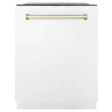 ZLINE 48 in. Autograph Edition Kitchen Package with Stainless Steel Dual Fuel Range with White Matte Door, Range Hood and Dishwasher with Polished Gold Accents (3AKP-RAWMRHDWM48-G)