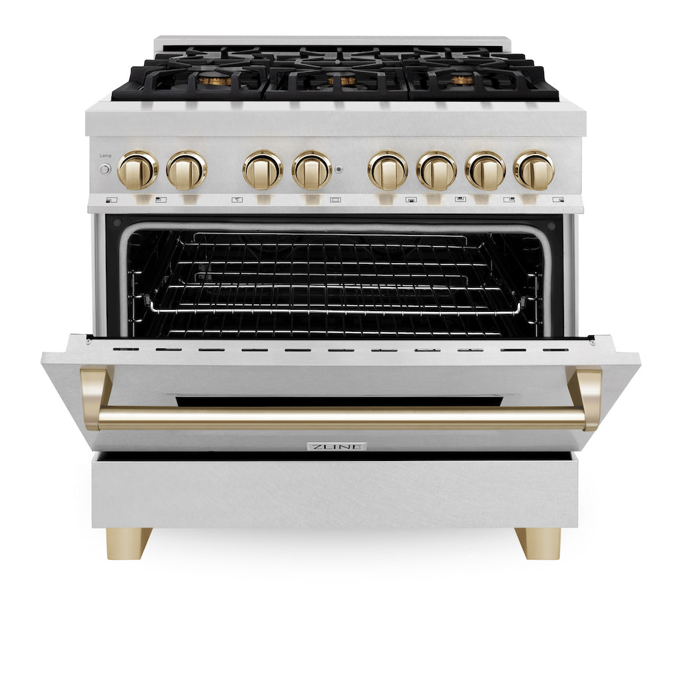 ZLINE Autograph Edition 36 in. 4.6 cu. ft. Dual Fuel Range with Gas Stove and Electric Oven in Fingerprint Resistant Stainless Steel with Polished Gold Accents (RASZ-SN-36-G)