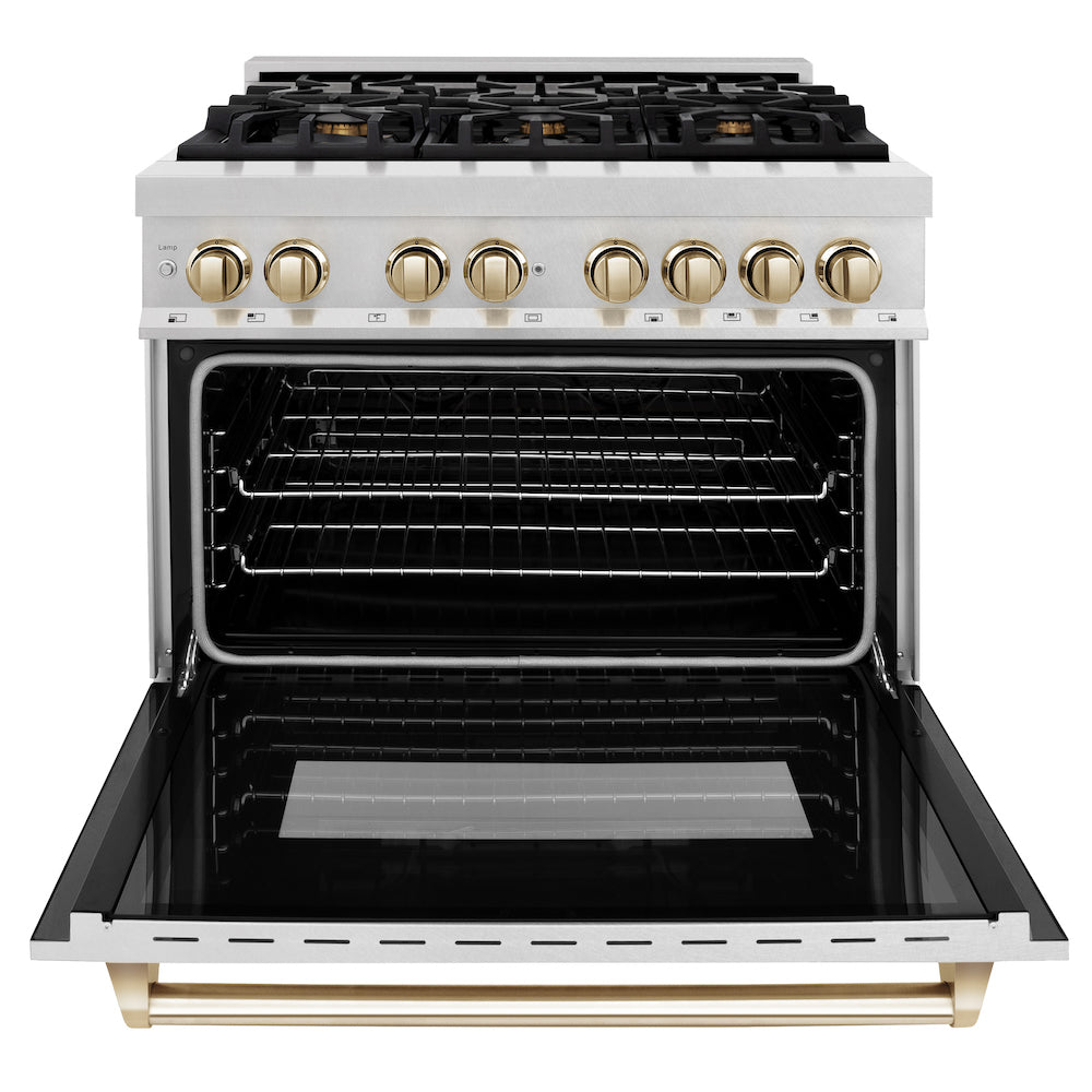 ZLINE Autograph Edition 36 in. 4.6 cu. ft. Dual Fuel Range with Gas Stove and Electric Oven in Fingerprint Resistant Stainless Steel with Polished Gold Accents (RASZ-SN-36-G)