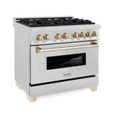 ZLINE Autograph Edition 36 in. 4.6 cu. ft. Dual Fuel Range with Gas Stove and Electric Oven in Fingerprint Resistant Stainless Steel with Polished Gold Accents (RASZ-SN-36-G)