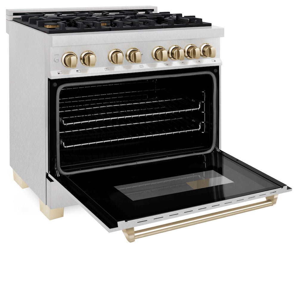 ZLINE Autograph Edition 36 in. 4.6 cu. ft. Dual Fuel Range with Gas Stove and Electric Oven in Fingerprint Resistant Stainless Steel with Polished Gold Accents (RASZ-SN-36-G)