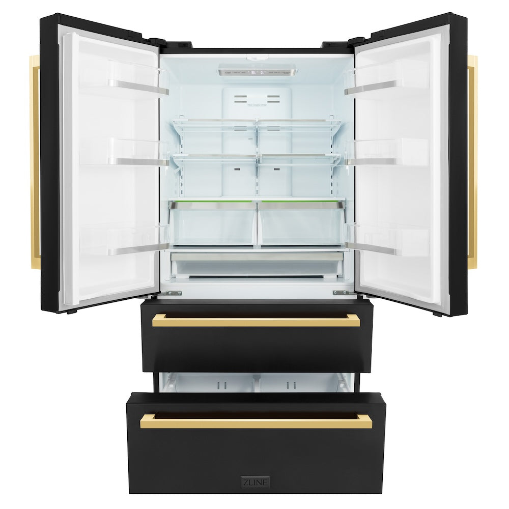 ZLINE Autograph Edition 36 in. 22.5 cu. ft 4-Door French Door Refrigerator with Ice Maker in Black Stainless Steel with Polished Gold Square Handles (RFMZ-36-BS-FG)