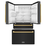 ZLINE Autograph Edition 36 in. 21.6 cu. ft 4-Door French Door Refrigerator with Water and Ice Dispenser in Black Stainless Steel with Polished Gold Square Handles (RFMZ-W-36-BS-FG)