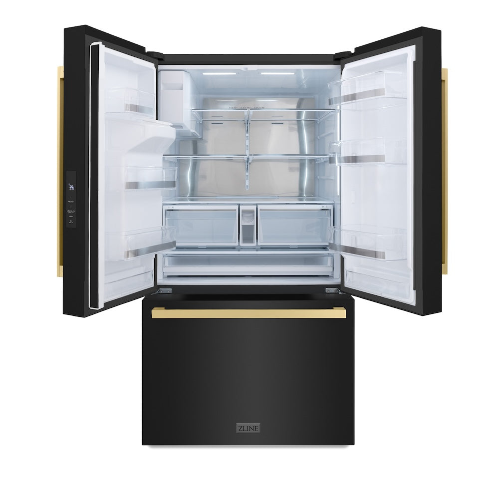 ZLINE Autograph Edition 36 in. 28.9 cu. ft. Standard-Depth French Door External Water Dispenser Refrigerator with Dual Ice Maker in Black Stainless Steel and Champagne Bronze Square Handles (RSMZ-W36-BS-FCB)