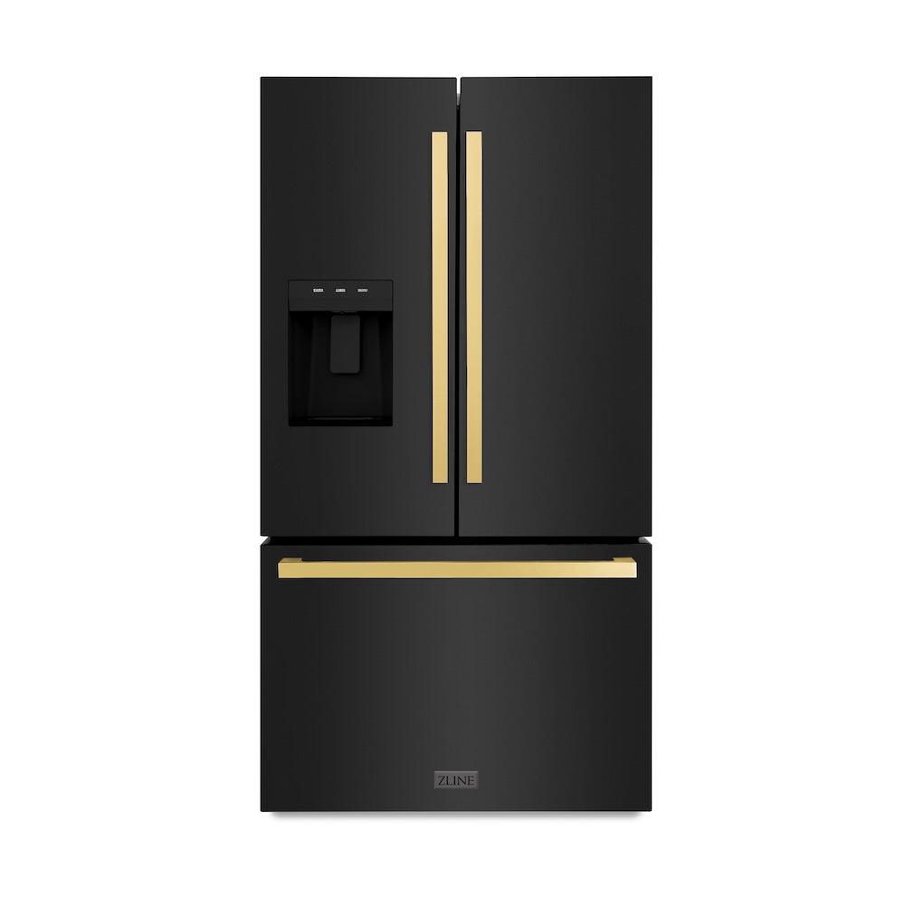 ZLINE Autograph Edition 36 in. 28.9 cu. ft. Standard-Depth French Door External Water Dispenser Refrigerator with Dual Ice Maker in Black Stainless Steel and Polished Gold Square Handles (RSMZ-W-36-BS-FG)