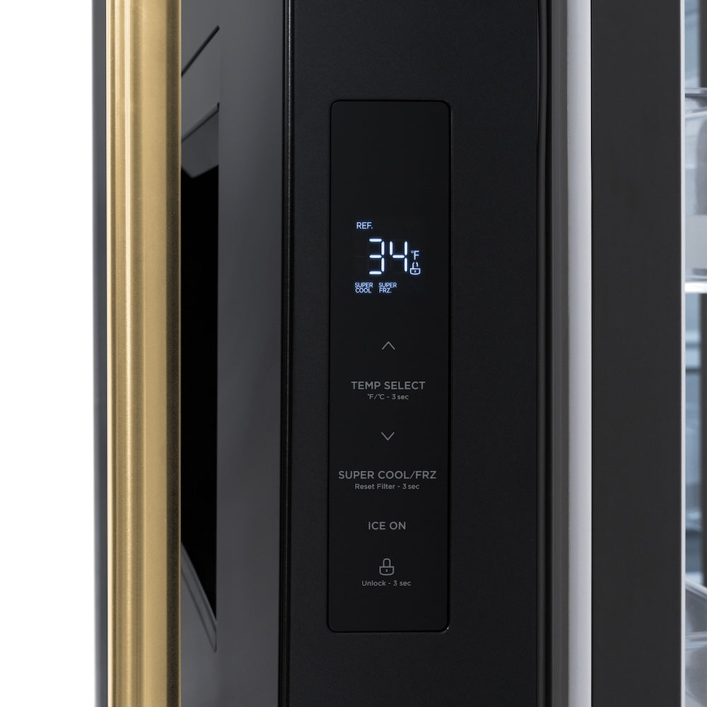 ZLINE Autograph Edition 36 in. 28.9 cu. ft. Standard-Depth French Door External Water Dispenser Refrigerator with Dual Ice Maker in Black Stainless Steel and Polished Gold Handles (RSMZ-W-36-BS-G)