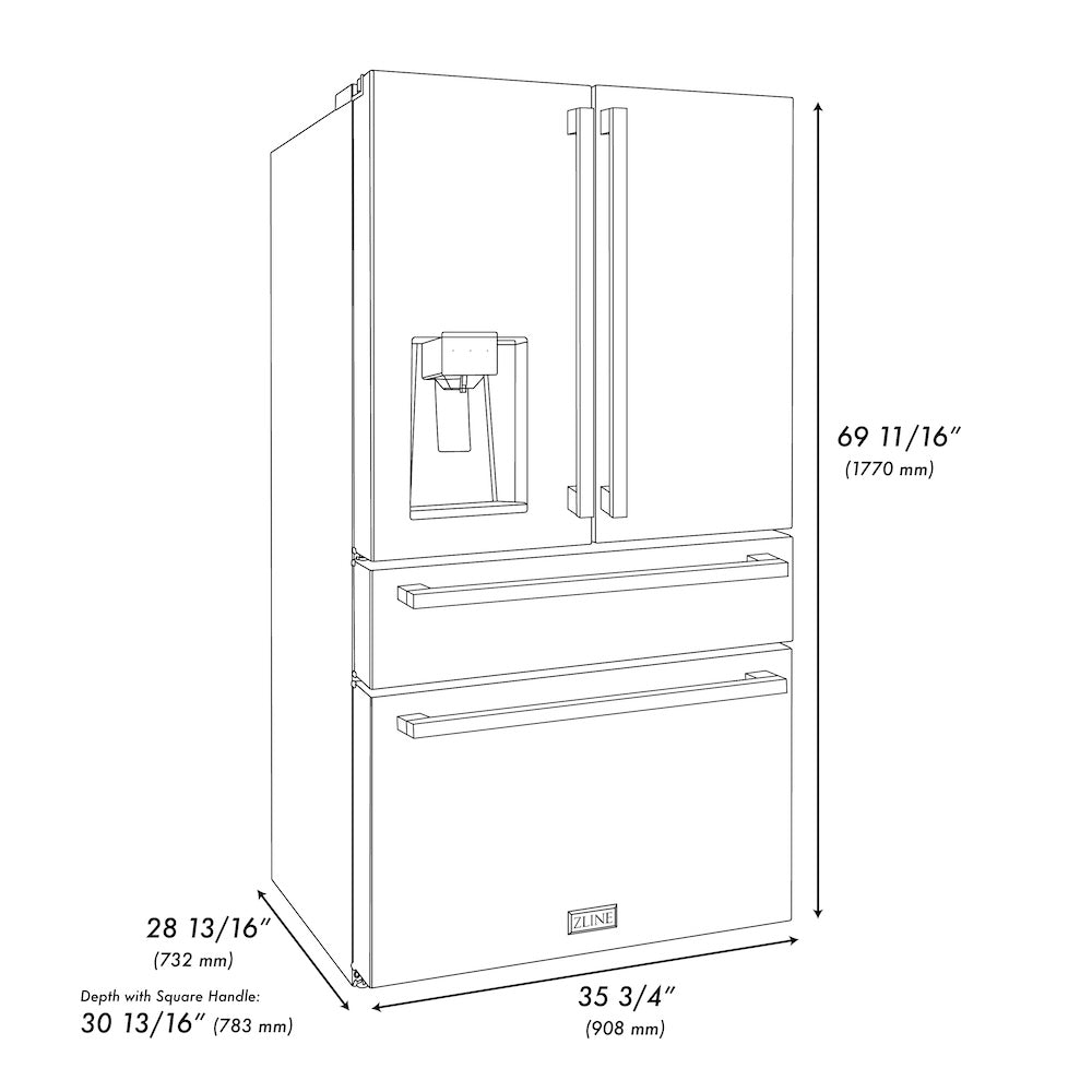 ZLINE Autograph Edition 36 in. 21.6 cu. ft 4-Door French Door Refrigerator with Water and Ice Dispenser in Stainless Steel with Polished Gold Square Handles (RFMZ-W-36-FG)