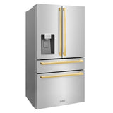 ZLINE Autograph Edition 36 in. 21.6 cu. ft 4-Door French Door Refrigerator with Water and Ice Dispenser in Stainless Steel with Polished Gold Square Handles (RFMZ-W-36-FG)