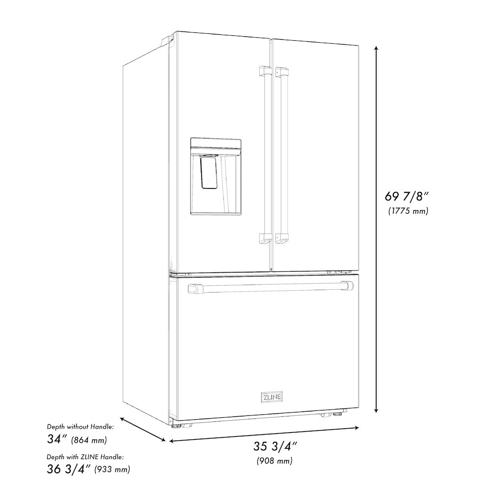 ZLINE Autograph Edition 36 in. 28.9 cu. ft. Standard-Depth French Door External Water Dispenser Refrigerator with Dual Ice Maker in Fingerprint Resistant Stainless Steel and Champagne Bronze Handles (RSMZ-W-36-CB)