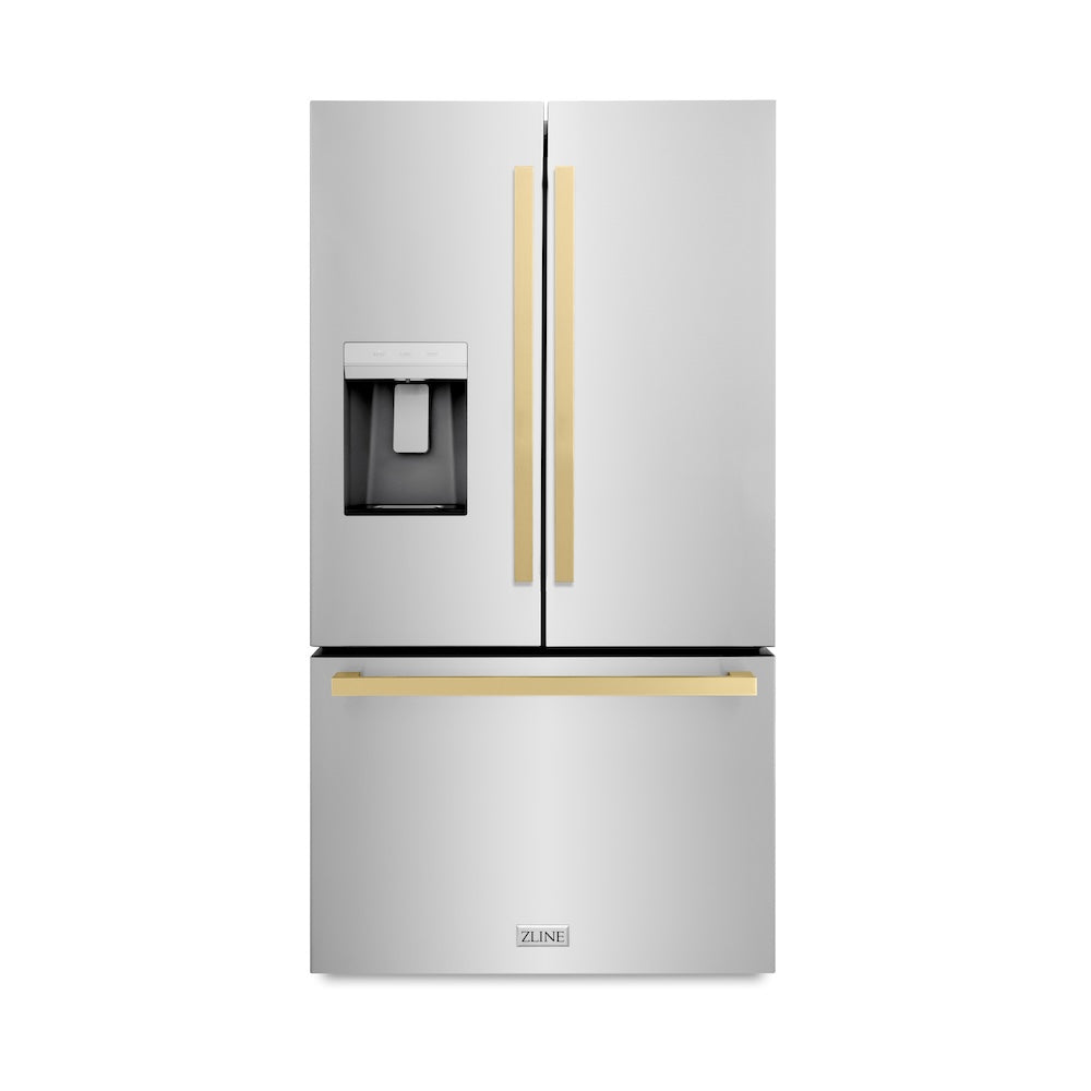 ZLINE Autograph Edition 36 in. 28.9 cu. ft. Standard-Depth French Door External Water Dispenser Refrigerator with Dual Ice Maker in Fingerprint Resistant Stainless Steel and Champagne Bronze Square Handles (RSMZ-W-36-FCB)