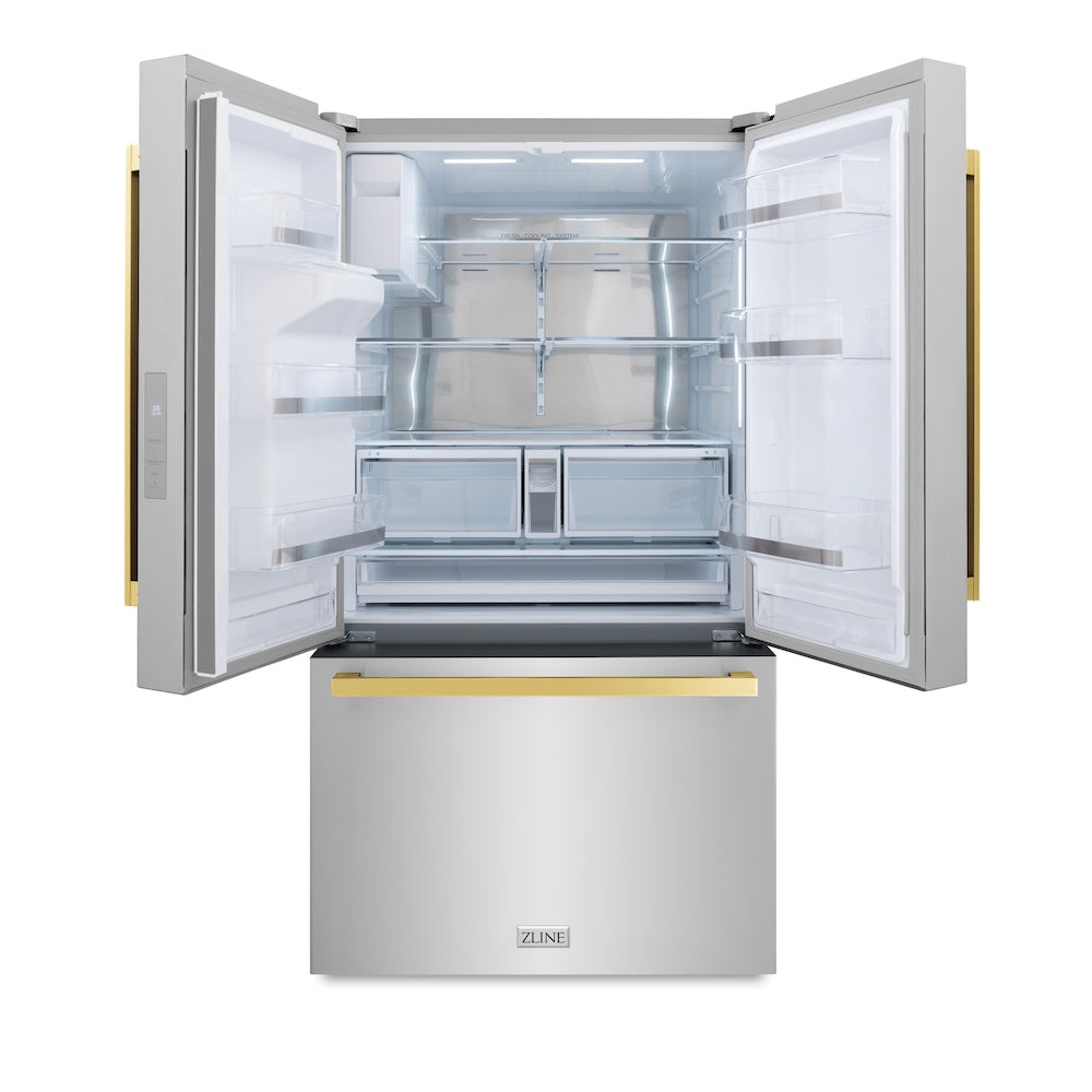 ZLINE Autograph Edition 36 in. 28.9 cu. ft. Standard-Depth French Door External Water Dispenser Refrigerator with Dual Ice Maker in Fingerprint Resistant Stainless Steel and Polished Gold Square Handles (RSMZ-W-36-FG)