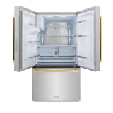 ZLINE Autograph Edition 36 in. 28.9 cu. ft. Standard-Depth French Door External Water Dispenser Refrigerator with Dual Ice Maker in Fingerprint Resistant Stainless Steel and Polished Gold Square Handles (RSMZ-W-36-FG)
