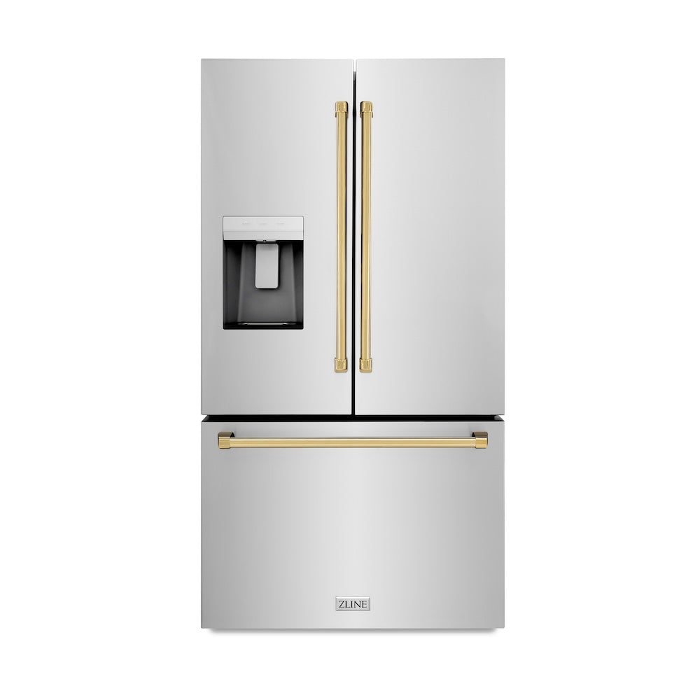 ZLINE Autograph Edition 36 in. 28.9 cu. ft. Standard-Depth French Door External Water Dispenser Refrigerator with Dual Ice Maker in Fingerprint Resistant Stainless Steel and Polished Gold Handles (RSMZ-W-36-G)