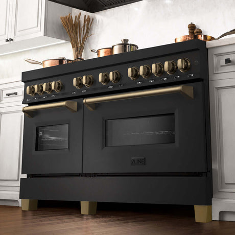 ZLINE Autograph Edition 60 in. 7.4 cu. ft. Dual Fuel Range with Gas Stove and Electric Oven in Black Stainless Steel with Champagne Bronze Accents (RABZ-60-CB)