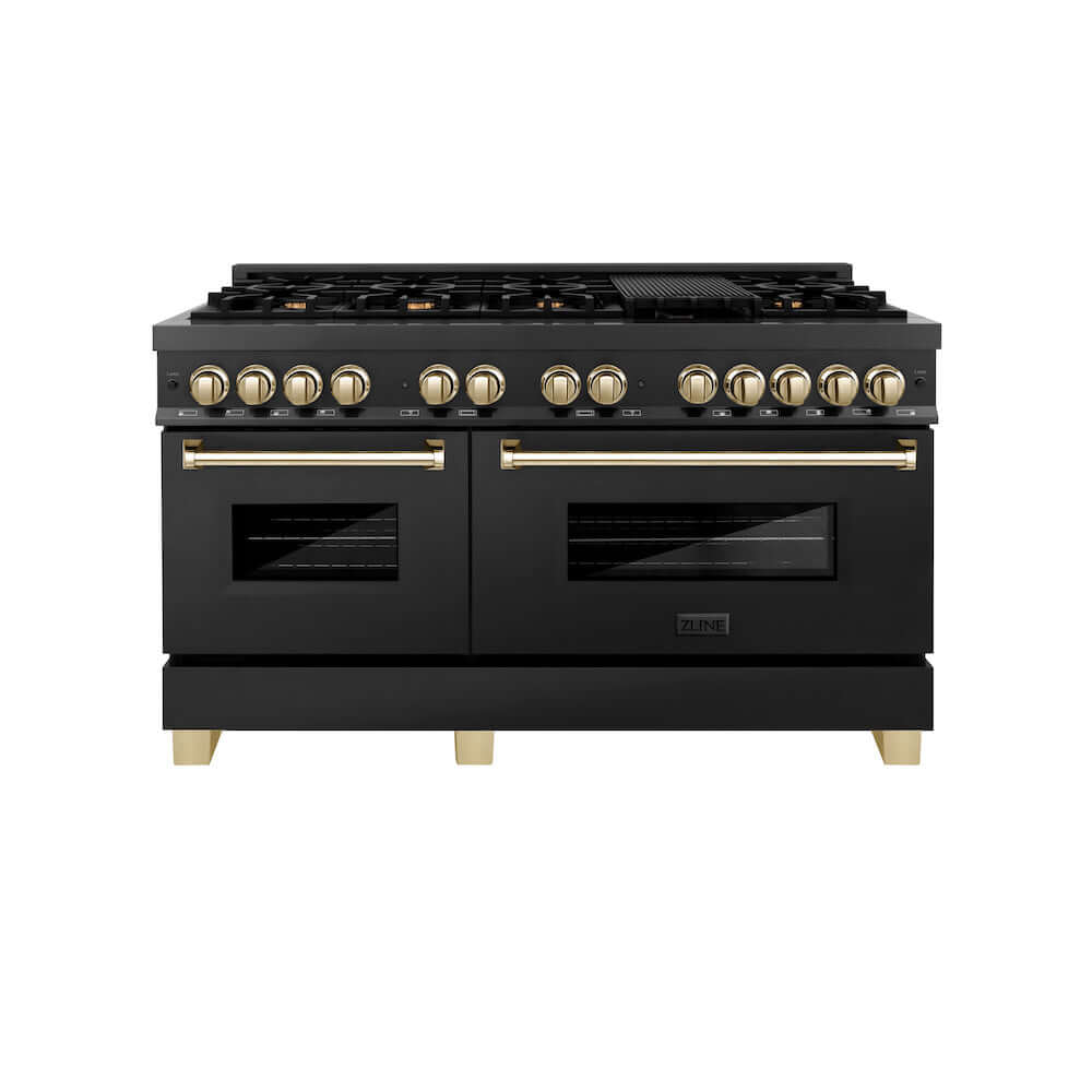 ZLINE Autograph Edition 60 in. 7.4 cu. ft. Dual Fuel Range with Gas Stove and Electric Oven in Black Stainless Steel with Polished Gold Accents (RABZ-60-G)