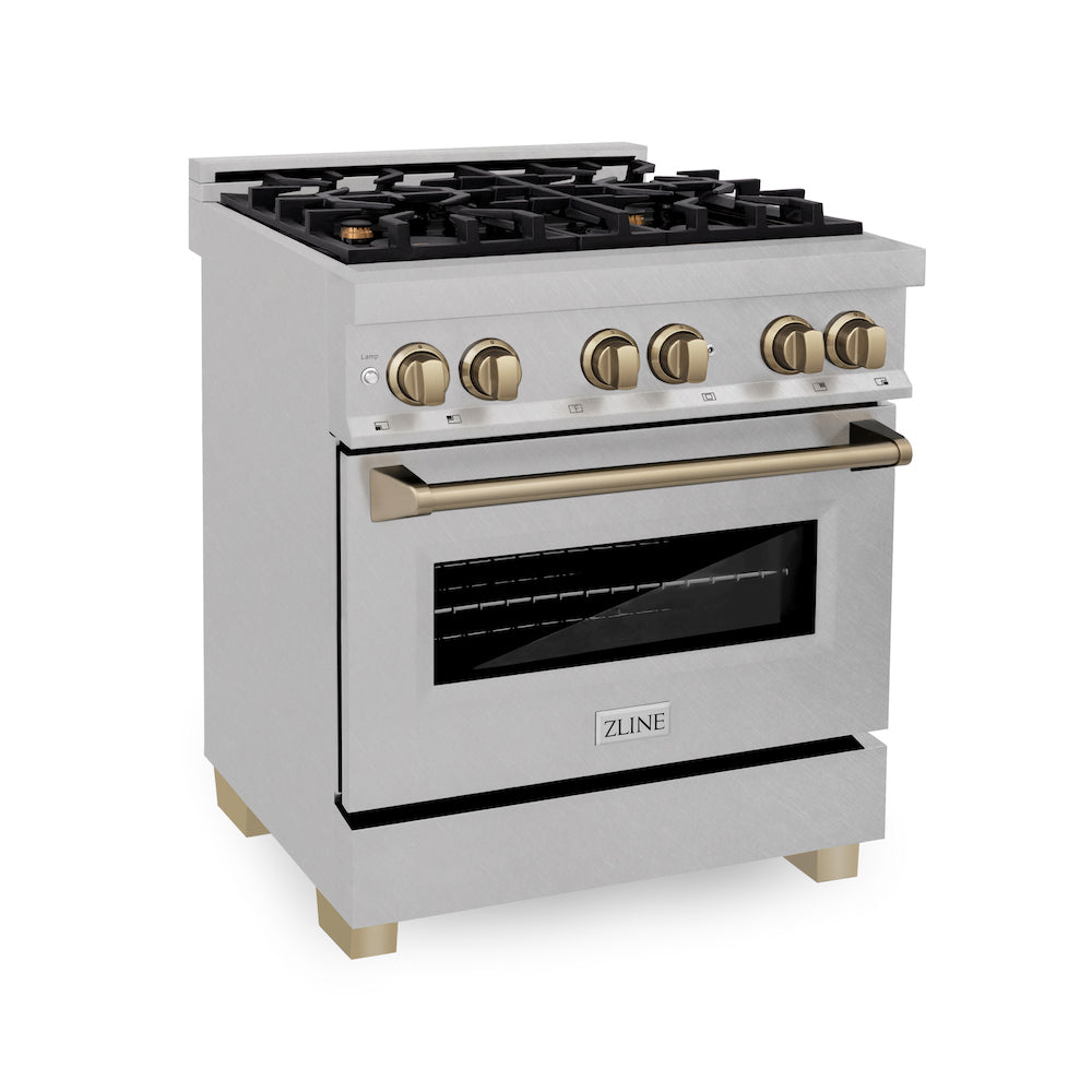 ZLINE Autograph Edition 30 in. 4.0 cu. ft. Dual Fuel Range with Gas Stove and Electric Oven in Fingerprint Resistant Stainless Steel with Champagne Bronze Accents (RASZ-SN-30-CB)